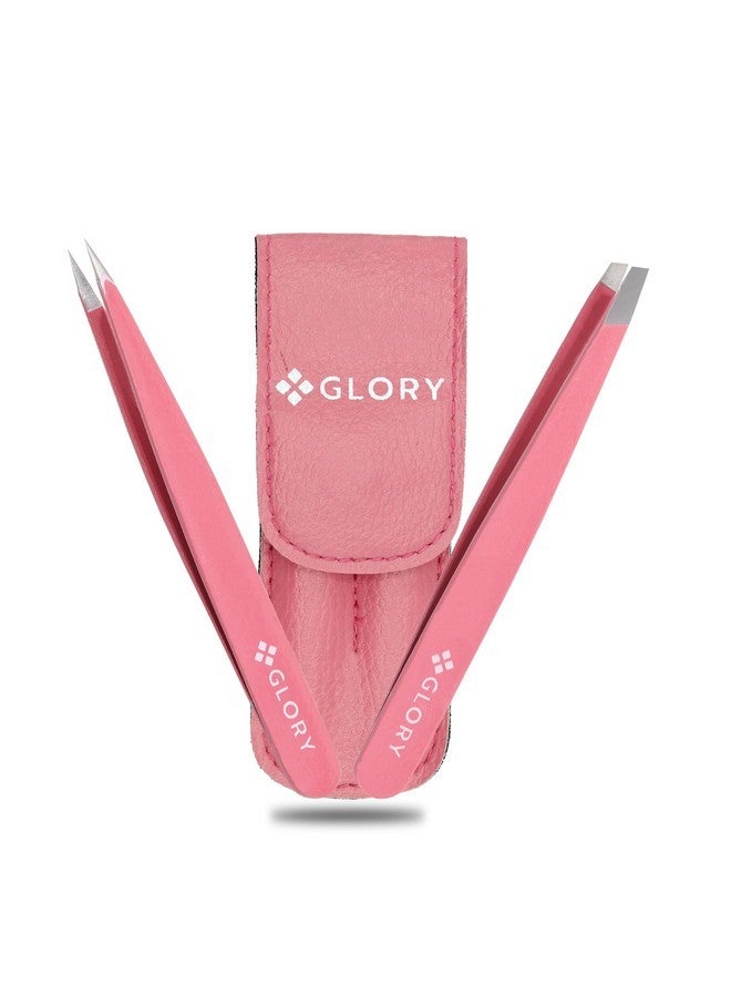 جلوري مجموعة ملاقط الحواجب من الفولاذ المقاوم للصدأ، ملاقط إزالة الشعر المائلة والمدببة للحواجب والحواجب الاحترافية ومجموعة ملاقط نتف شعر الوجه (وردي) - Image 1