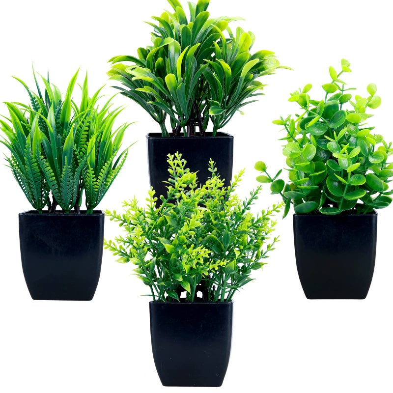 GREENTIME 4 Pack Fake Plants in Black Pot Mini Artificial Eucalyptus Potted Plant Small Faux Grass Greenery Potted Plants for Indoor Home Office Farmhouse Bathroom Table Decoration - Image 1