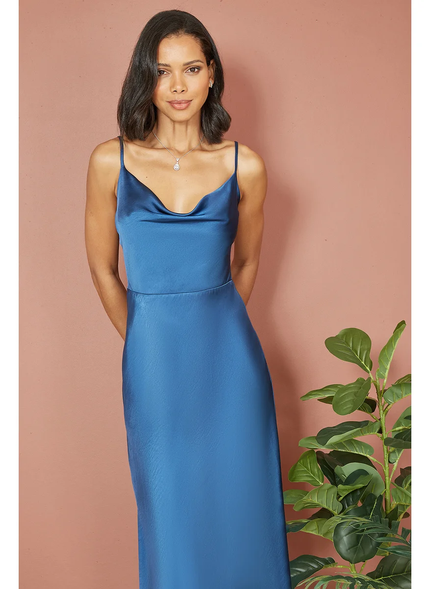 يامي Navy Satin Cowl Neck Midi Slip Dress