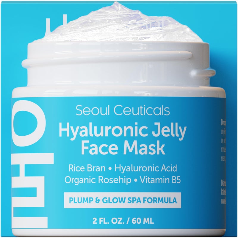 SeoulCeuticals Korean Skin Care Hyaluronic Acid Jelly Face Mask Rice Bran Vit B5 Rosehip Anti Aging K Beauty Skincare for Plump Glowing Skin 2oz