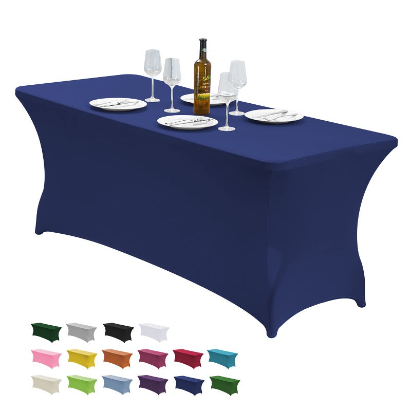 CWK 6FT Waterproof Stretch Spandex Table Cover for Rectangular Tables Elastic Fitted Tablecloth for Folding TablesWrinkle Resistant Table Cloth for Parties Weddings Banquets Events Blue