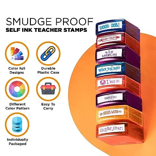 Tickselect Teacher Stamps for Classroom Grading – 8PCS Self-Inking Rectangular Teacher Stamp Colorful Stamps for Teachers with Motivational Messages Perfect Classroom Supplies & Gifts for Homeschool - Image 2