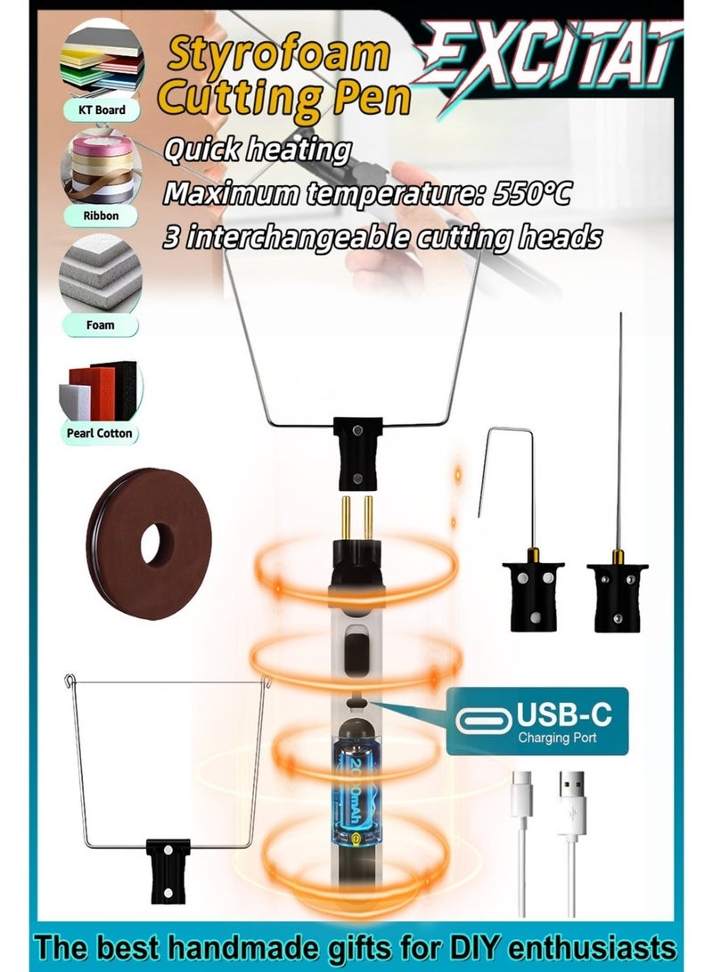 excitat Cordless Foam Cutter 3 in 1 Kit, U-Shape/Curved/Needle Blades, Hot Wire Foam Cutter, Foam Board Cutter, USB-C Rechargeable for EPS, EPP, Sponge, KT Board, DIY Craft Projects, Includes 5m Cable & Manual - Image 1