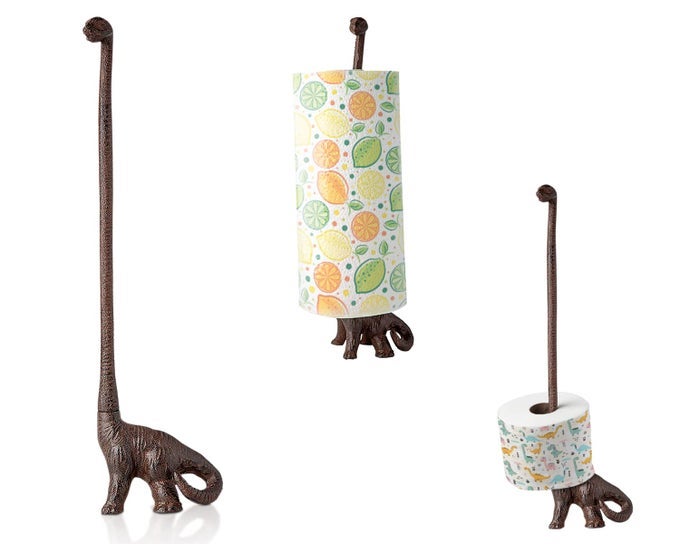CAST IRON DINOSAUR PAPER TOWEL HOLDER FREE STANDING TOILET PAPER HOLDER RUSTIC BROWN WVINTAGE FINISH