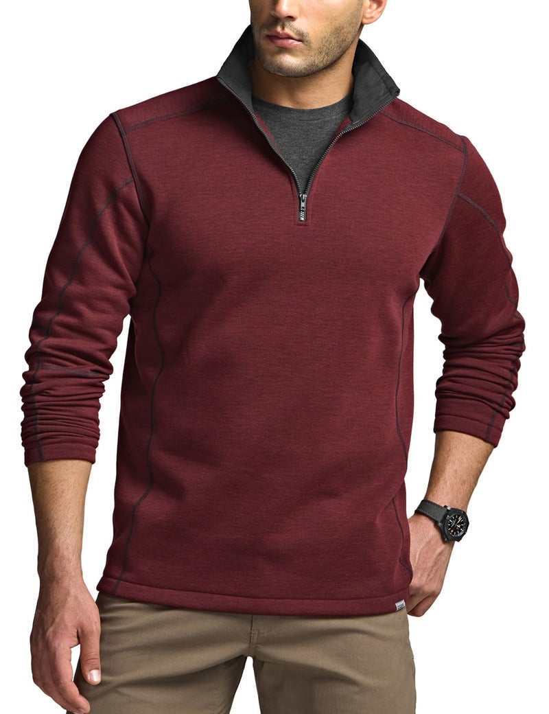 CQR Men's Thermal Fleece Quarter Zip Sweater, Outdoor Lightweight Long Sleeve Pullover, Casual Mock Neck Polo Sweaters, Crest Wine, Large - Image 1