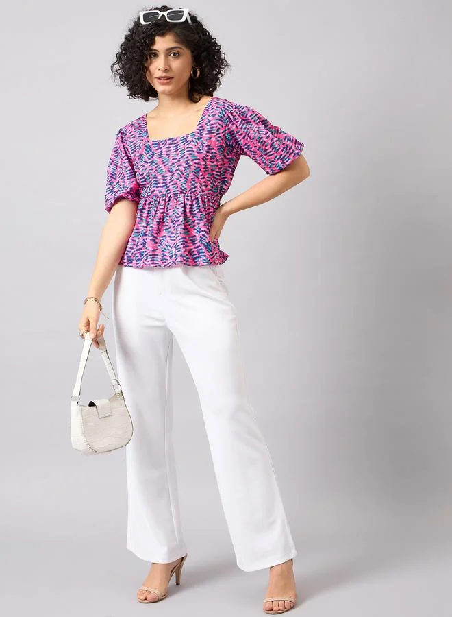 Kuwarii Multi Print Peplum Top with Back-Tie