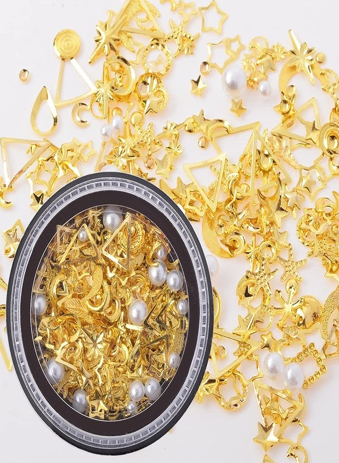MEILINDS 3D Gold Nail Studs Gold Nail Rivets Gems Nails Art Decoration Sparkle Rhinestones Hollow Moon Star Shaped Artificial Pearls Metal Rivets Charms DIY Nail Tips 9 Boxes - Image 5