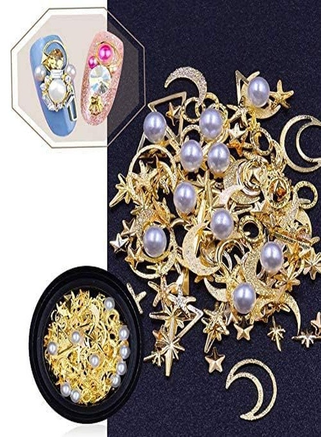 MEILINDS 3D Gold Nail Studs Gold Nail Rivets Gems Nails Art Decoration Sparkle Rhinestones Hollow Moon Star Shaped Artificial Pearls Metal Rivets Charms DIY Nail Tips 9 Boxes - Image 3