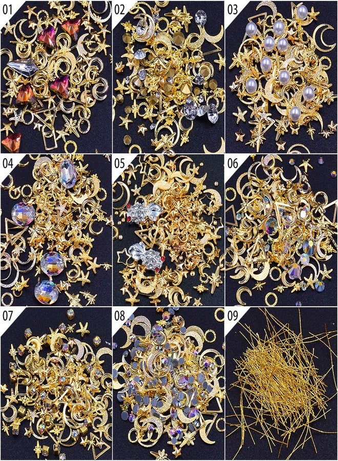 MEILINDS 3D Gold Nail Studs Gold Nail Rivets Gems Nails Art Decoration Sparkle Rhinestones Hollow Moon Star Shaped Artificial Pearls Metal Rivets Charms DIY Nail Tips 9 Boxes - Image 4
