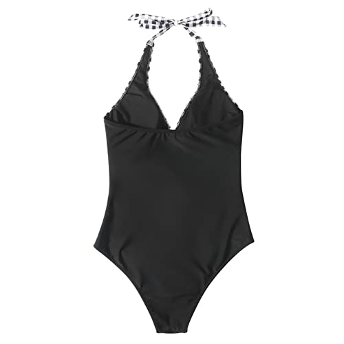 SUUKSESS Women Sexy Tummy Control One Piece Swimsuits Halter Push Up Monokini Bathing Suits (Black Gingham, L) - Image 5