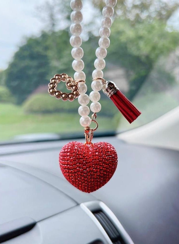 Generic An Elegant red Heart-shaped Mirror Car Pendant  - Image 1