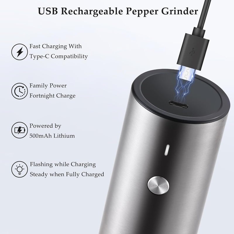 TLYSXPRO Electric Salt and Pepper Grinder, USB Rechargeable, Automatic Salt and Pepper Shaker, Adjustable Coarseness, Electric Pepper Mill, LED Light, Refillable, Kitchen Gadget (1-Pack, Stainless Steel) - Image 3