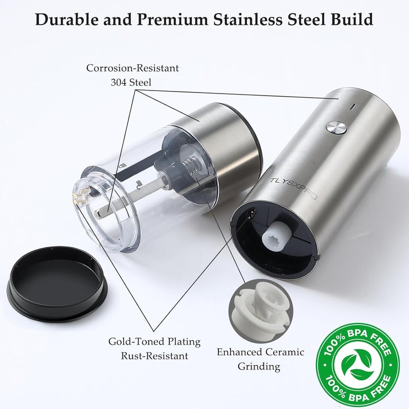 TLYSXPRO Electric Salt and Pepper Grinder, USB Rechargeable, Automatic Salt and Pepper Shaker, Adjustable Coarseness, Electric Pepper Mill, LED Light, Refillable, Kitchen Gadget (1-Pack, Stainless Steel) - Image 2