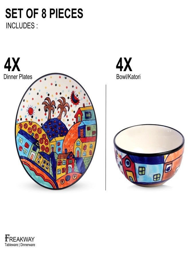 Freakway Hut Family Hand-Painted Glossy Dinner Set Ceramic Stoneware Dinner Set of 8 Pieces | 4 Dinner Plate 10.3 Inch & 4 Serving Bowls 180 Ml | Dishwasher & Microwave Safe - Multicolor - Image 2