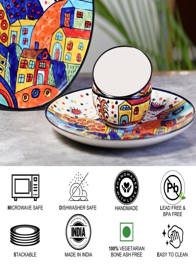 Freakway Hut Family Hand-Painted Glossy Dinner Set Ceramic Stoneware Dinner Set of 8 Pieces | 4 Dinner Plate 10.3 Inch & 4 Serving Bowls 180 Ml | Dishwasher & Microwave Safe - Multicolor - Image 5