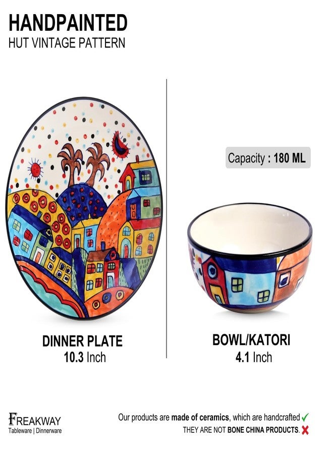 Freakway Hut Family Hand-Painted Glossy Dinner Set Ceramic Stoneware Dinner Set of 8 Pieces | 4 Dinner Plate 10.3 Inch & 4 Serving Bowls 180 Ml | Dishwasher & Microwave Safe - Multicolor - Image 3