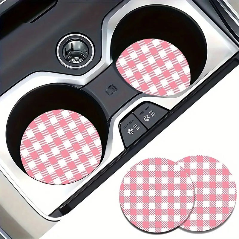 2 Pink Plaid Non Slip Rubber Car Coasters Cute Drink Mats For Road Trip - Image 1