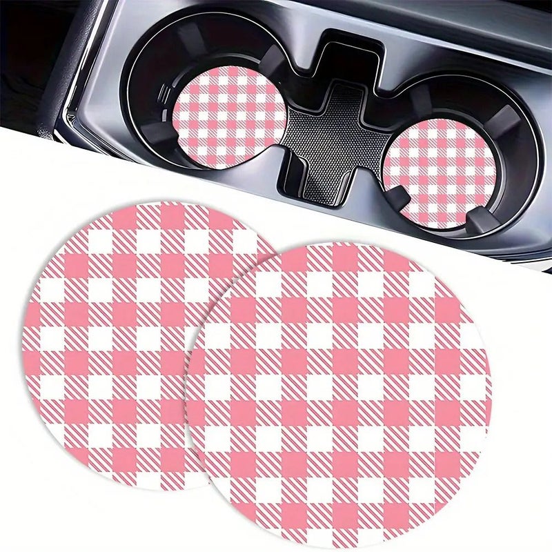 2 Pink Plaid Non Slip Rubber Car Coasters Cute Drink Mats For Road Trip - Image 5