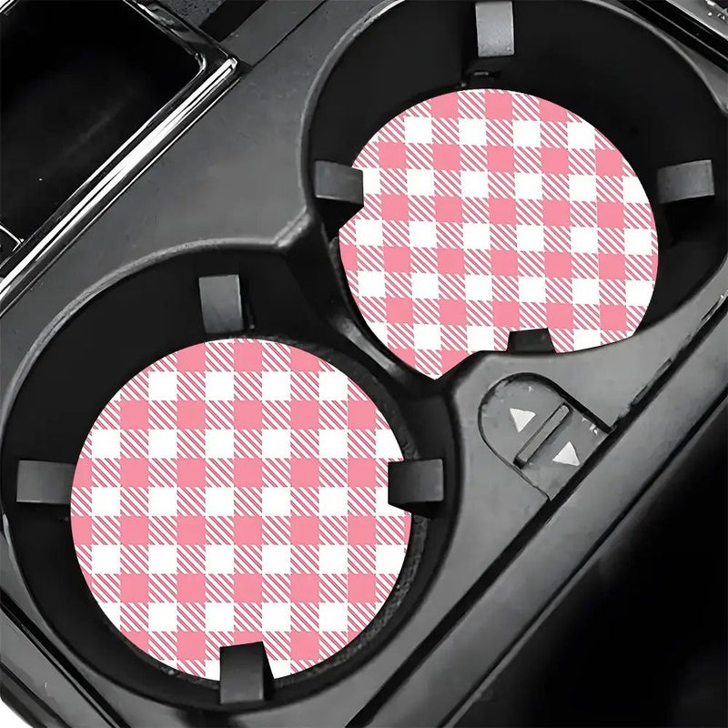 2 Pink Plaid Non Slip Rubber Car Coasters Cute Drink Mats For Road Trip - Image 3