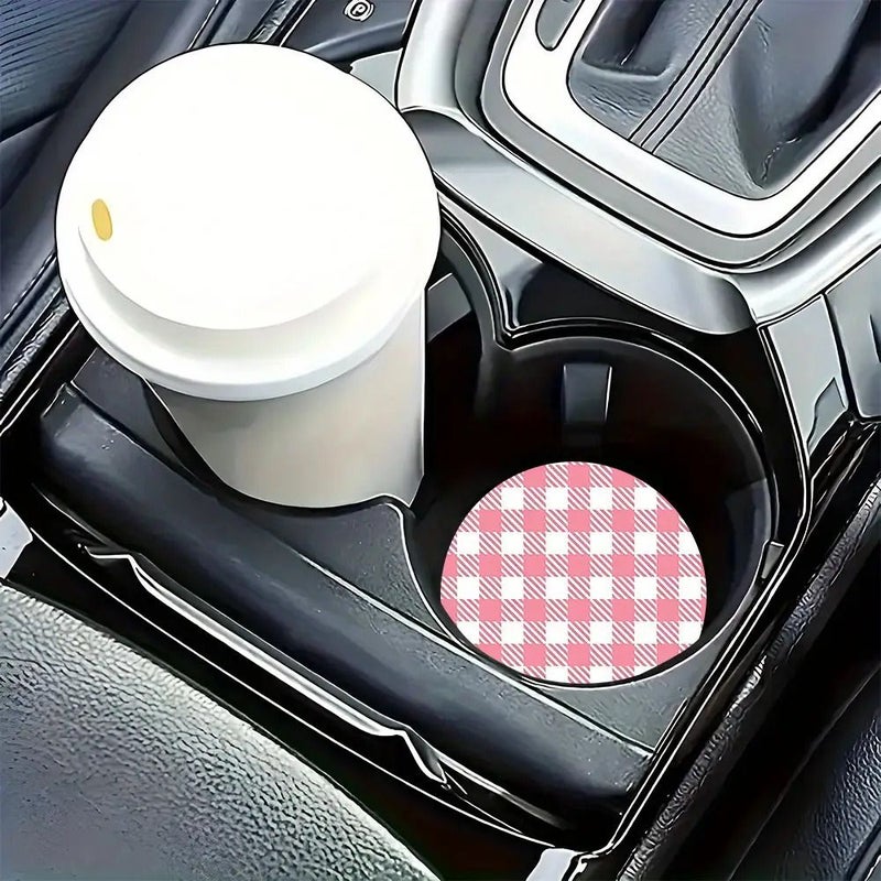 2 Pink Plaid Non Slip Rubber Car Coasters Cute Drink Mats For Road Trip - Image 4