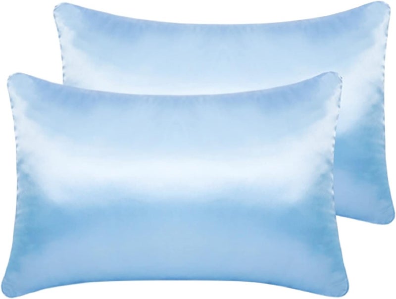 LCBD Silky Satin Toddler Pillowcases Set of 2, Super Soft Travel Pillow Covers, Small Kids Pillow Cases with Envelope Closure, 13"x 18", Light Blue - Image 1