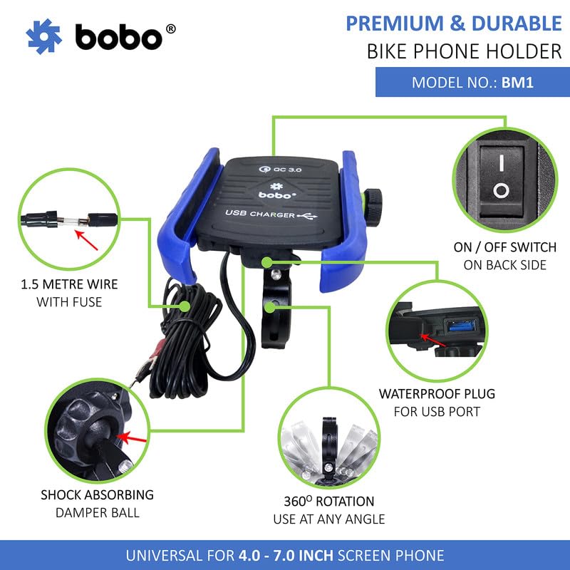 Bobo BM1 Jaw-Grip Waterproof Bike/Motorcycle/Scooter Mobile Phone Holder Mount with Fast USB 3.0 Charger, Ideal for Maps and GPS Navigation (Blue) - Image 2