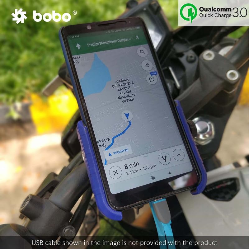 Bobo BM1 Jaw-Grip Waterproof Bike/Motorcycle/Scooter Mobile Phone Holder Mount with Fast USB 3.0 Charger, Ideal for Maps and GPS Navigation (Blue) - Image 5