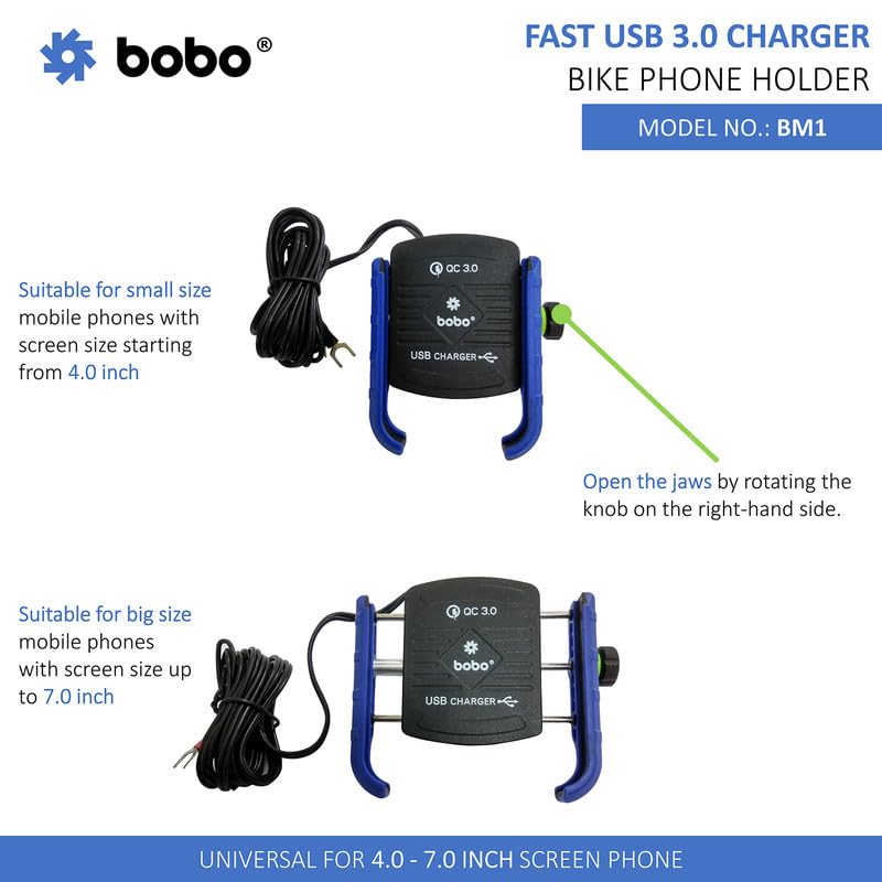 Bobo BM1 Jaw-Grip Waterproof Bike/Motorcycle/Scooter Mobile Phone Holder Mount with Fast USB 3.0 Charger, Ideal for Maps and GPS Navigation (Blue) - Image 3