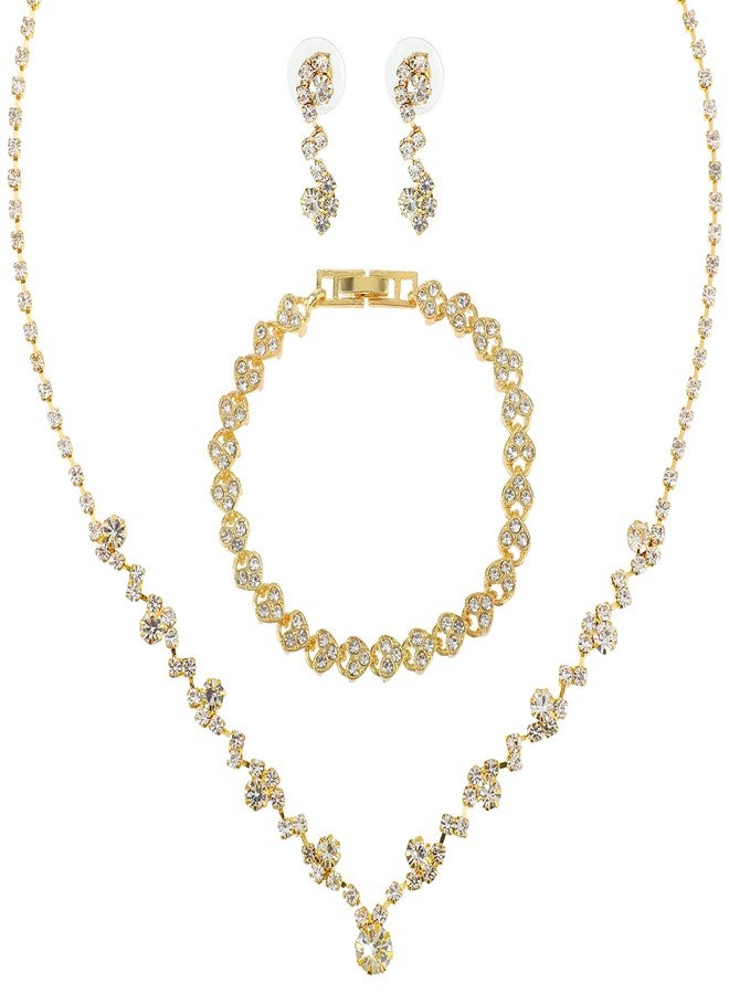 Yolev Bridal Jewelry Set Rhinestone Wedding Jewelry Set Gold Necklace Earrings Set Brides Bridesmaid Prom Costume Jewelry Set for Women - Image 1