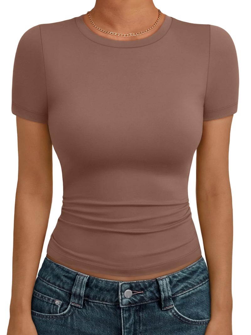 AUTOMET Women's Crew Neck Short Sleeve Summer Basic T-Shirt Stretchy Tight Fitted Soft Going Out Workout Gym Tops Coffee M - Image 1