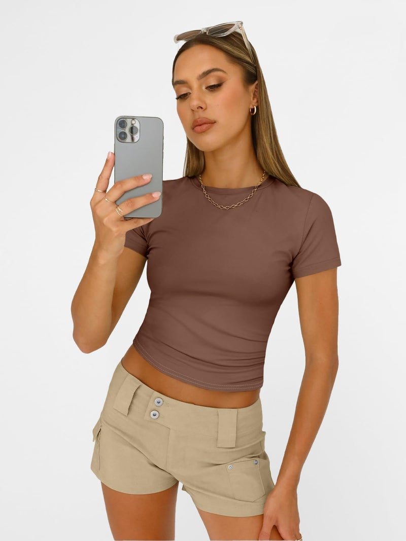 AUTOMET Women's Crew Neck Short Sleeve Summer Basic T-Shirt Stretchy Tight Fitted Soft Going Out Workout Gym Tops Coffee M - Image 3
