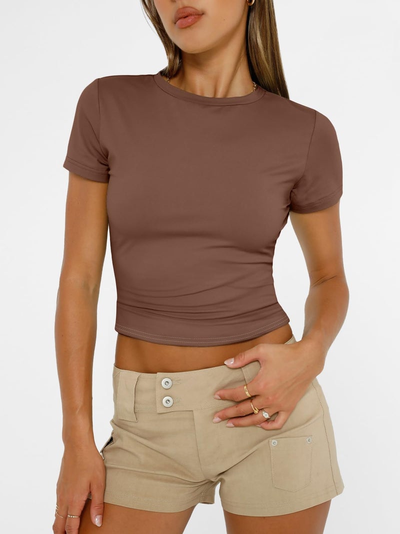 AUTOMET Women's Crew Neck Short Sleeve Summer Basic T-Shirt Stretchy Tight Fitted Soft Going Out Workout Gym Tops Coffee M - Image 2