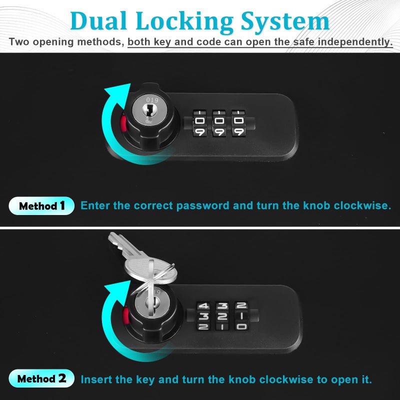Dalmbox Portable Metal Safe Box with Dual Combination and Key Lock - Fire Resistant Storage for Documents, Car, Home and Outside - X Large 13.2"x 11"x 5.1" Black Box - Image 3