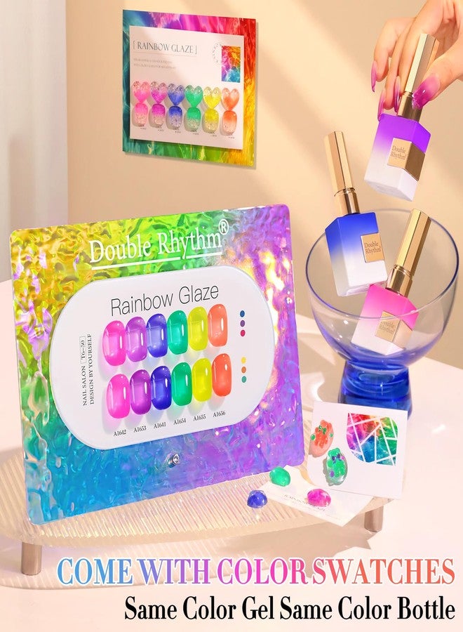 Double Rhythm 6 Pcs 15 ML Gel Polish Set Same Color Same Bottle Soak Off Jelly Neon Gel Polish Kit Nail Art Manicure Salon DIY at Home (Pink Purple Blue Green Yellow Green-T6-50) - Image 2