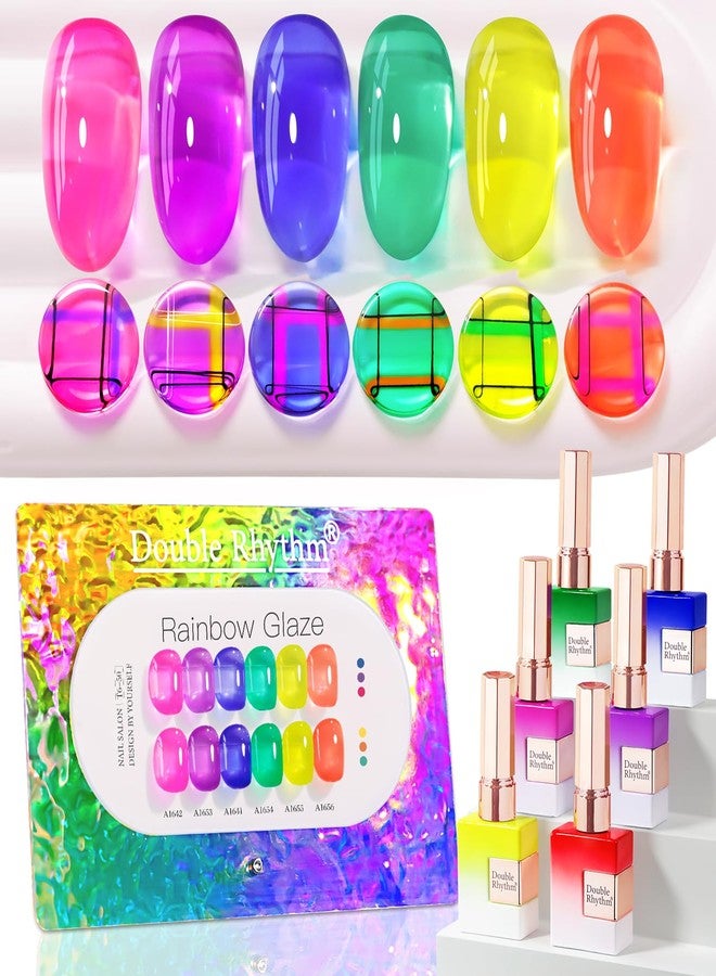 Double Rhythm 6 Pcs 15 ML Gel Polish Set Same Color Same Bottle Soak Off Jelly Neon Gel Polish Kit Nail Art Manicure Salon DIY at Home (Pink Purple Blue Green Yellow Green-T6-50) - Image 1