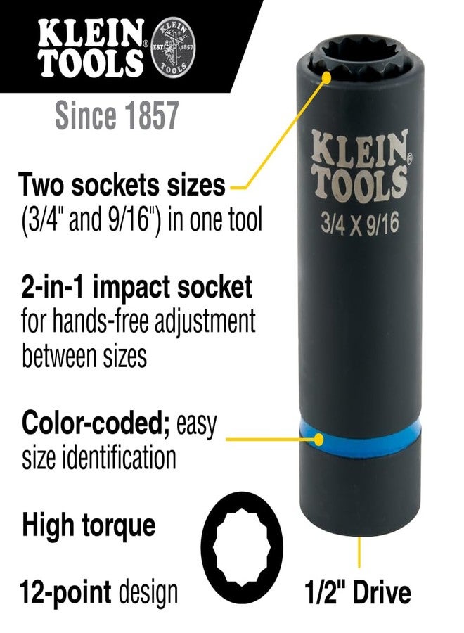 Klein Tools 66001 2-in-1 Impact Socket, Sizes 3/4-Inch and 9/16-Inch Hex, 12-Point Deep Socket Wrench with 1/2-Inch Drive - Image 2