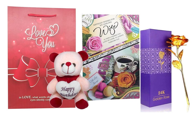 Natali Traders Gift for Wife - Greeting Card, Soft Teddy, Artificial Golden Rose and Paper Carry Bag - Valentine Day - Anniversary Gift - Surprise Gift - Image 1