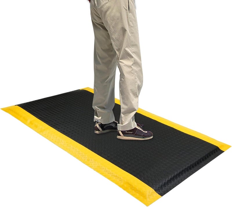 Maeklon 3 FT x 5 FT Anti Fatigue Mat, 15/16 Inch Thick Soft Sponge Ergonomic Mat, Non-Slip Industrial Grade Floor Mat, Easy to Clean, for Kitchen, Garage, Work, Shop, Black with Yellow Border - Image 1