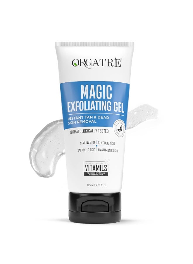 Orgatre Magic Exfoliating Scrub Gel | Instant Tan & Dead Skin Removal for Face & Body | Dermatologically Tested with Niacinamide 0.001%, Glycolic Acid 0.10%, Salicylic Acid 0.01% & Hyaluronic Acid | 175ml Tan Removal Cream & Detan Gel - Image 1