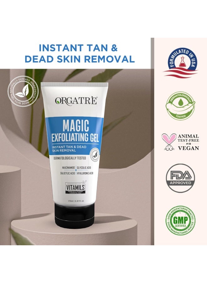 Orgatre Magic Exfoliating Scrub Gel | Instant Tan & Dead Skin Removal for Face & Body | Dermatologically Tested with Niacinamide 0.001%, Glycolic Acid 0.10%, Salicylic Acid 0.01% & Hyaluronic Acid | 175ml Tan Removal Cream & Detan Gel - Image 4
