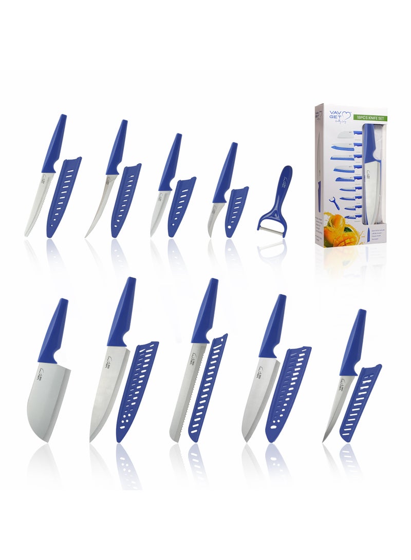 VAV GET Premium 18-Piece Blue Stainless Steel Knife Set, Non-Slip Comfort Handles, Sharpened Chef Knives, Fruits & Vegetable Peeler Included, Ideal for Home & Professional Kitchen - Image 1