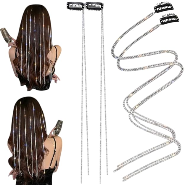 FAMEZA 4 pcs Rhinestone Hair Chains Silver Crystal Punk Hair Clips Extensions Braided Hair Clip Tassel Bling Long Rhinestone Decorative for Women Girls Party Gift Accessories - Image 1