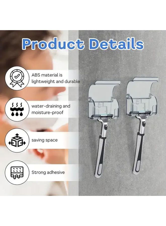 Grey 2pcs Wall Mounted Razor Holder Space Saving Bathroom Organizer With Clear Plastic Design - Image 3