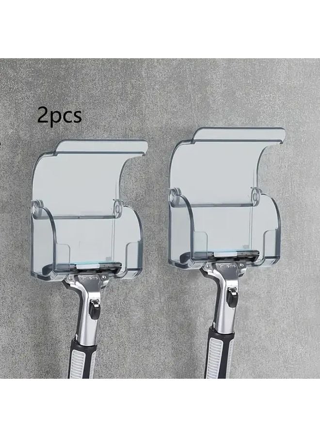 Grey 2pcs Wall Mounted Razor Holder Space Saving Bathroom Organizer With Clear Plastic Design - Image 2