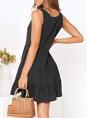 MITILLY Women's Summer Sleeveless V Neck Button Down Casual Pocket Swing Short Dress X-Large Black - Image 2