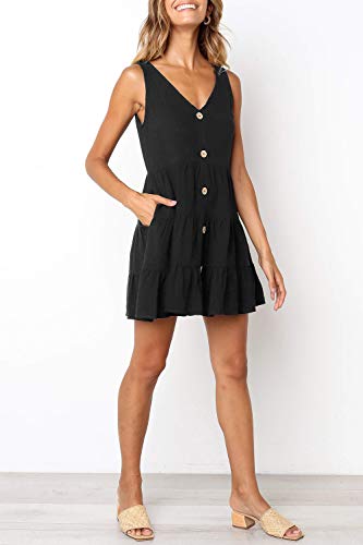 MITILLY Women's Summer Sleeveless V Neck Button Down Casual Pocket Swing Short Dress X-Large Black - Image 3