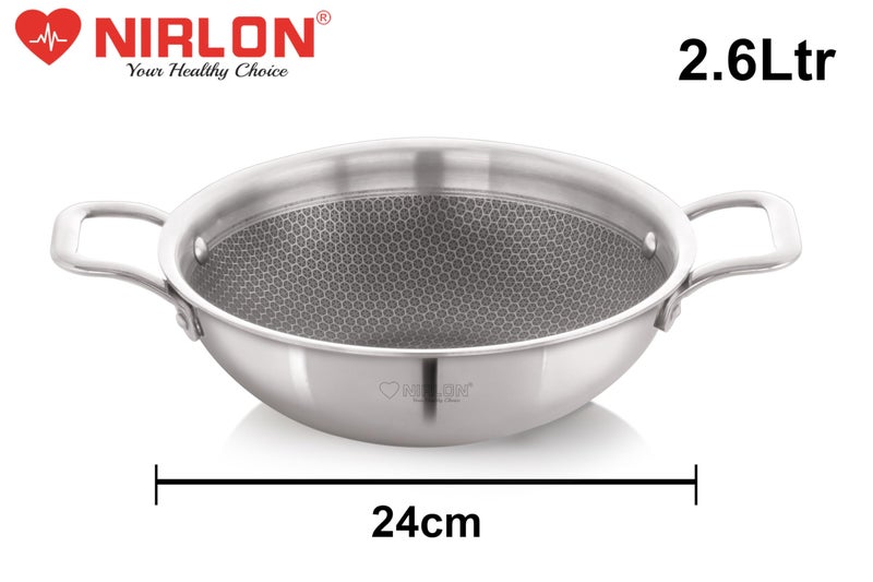 NIRLON Honeycomb Triply Stainless Steel Cookware Deep Kadhai-Kadai-Wok Set of 4|24cm-2.6L|26cm-3.1L with Glass Lid|Heavy-Duty Handle|Metal Spatula Friendly|Easy Cleaning|Induction & Gas Stove Friendly - Image 2
