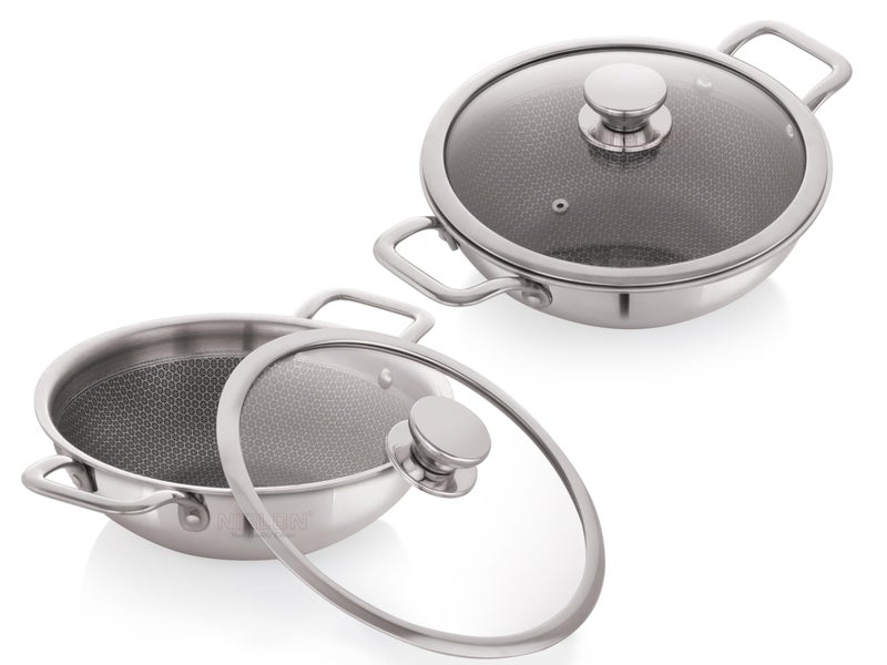 NIRLON Honeycomb Triply Stainless Steel Cookware Deep Kadhai-Kadai-Wok Set of 4|24cm-2.6L|26cm-3.1L with Glass Lid|Heavy-Duty Handle|Metal Spatula Friendly|Easy Cleaning|Induction & Gas Stove Friendly - Image 1