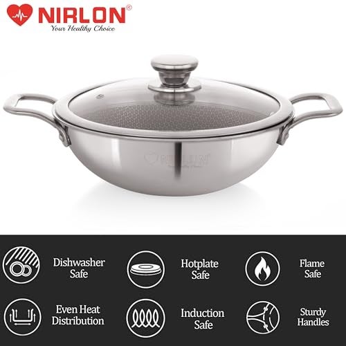 NIRLON Honeycomb Triply Stainless Steel Cookware Deep Kadhai-Kadai-Wok Set of 4|24cm-2.6L|26cm-3.1L with Glass Lid|Heavy-Duty Handle|Metal Spatula Friendly|Easy Cleaning|Induction & Gas Stove Friendly - Image 4