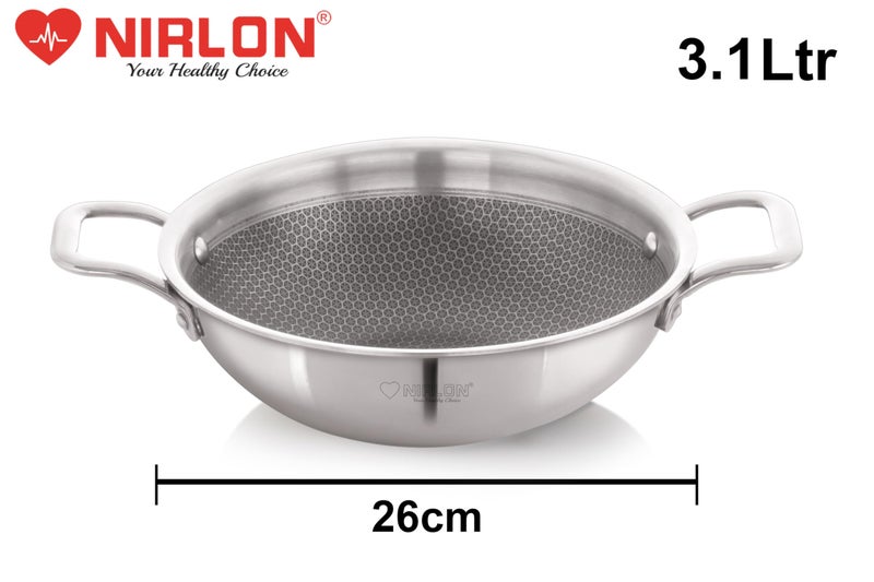 NIRLON Honeycomb Triply Stainless Steel Cookware Deep Kadhai-Kadai-Wok Set of 4|24cm-2.6L|26cm-3.1L with Glass Lid|Heavy-Duty Handle|Metal Spatula Friendly|Easy Cleaning|Induction & Gas Stove Friendly - Image 3
